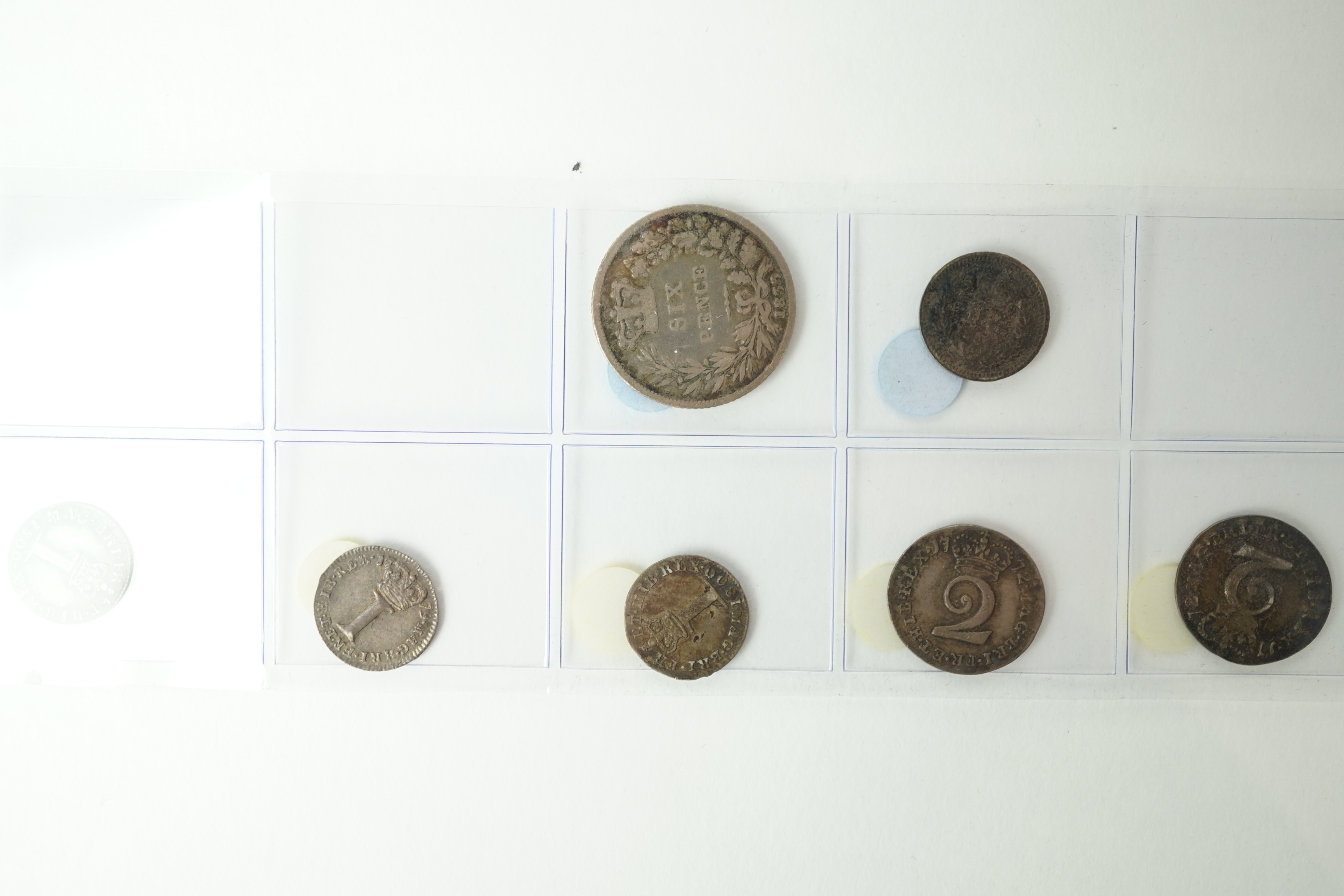 British silver coins, George II to William IV, 1d to sixpence, including George II 1d 1739, 2d 1735, two George III 3d 1762, two 2d 1772, 1d 1779, 1800, George IV 1d 1823 and William IV one and a half pence, and other sm